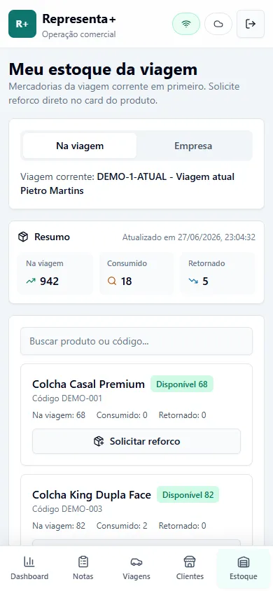 Tela mobile do Representa+ com estoque da viagem